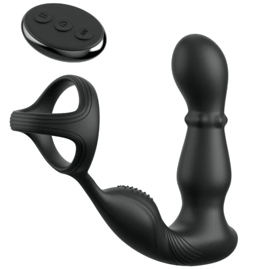 Inel și Masator Anal Vibrator cu Telecomandă - Negru, Mărime Unică