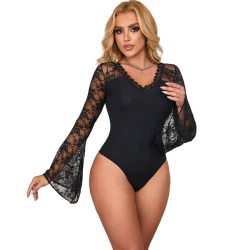 Teddy floral cu mâneci lungi din dantelă, negru, S/M
