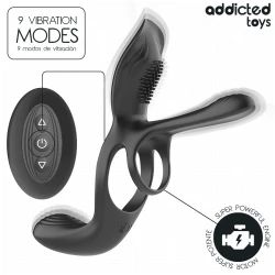 Inel dublu pentru penis și testicule cu stimulator clitoridian din silicon și ABS, negru