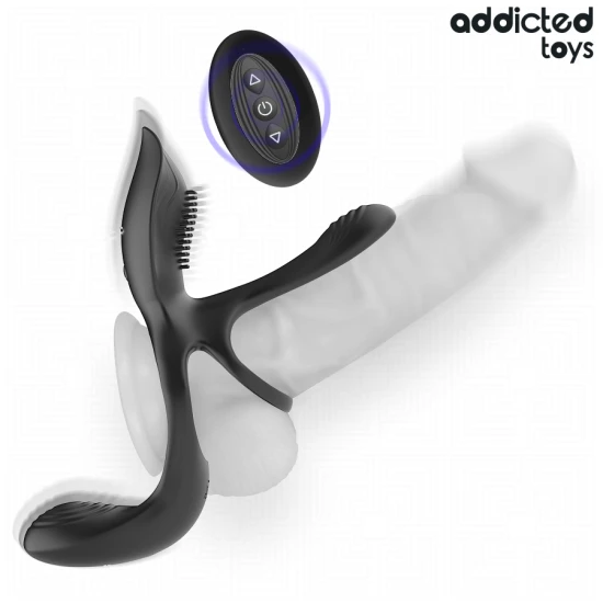 Inel dublu pentru penis și testicule cu stimulator clitoridian din silicon și ABS, negru