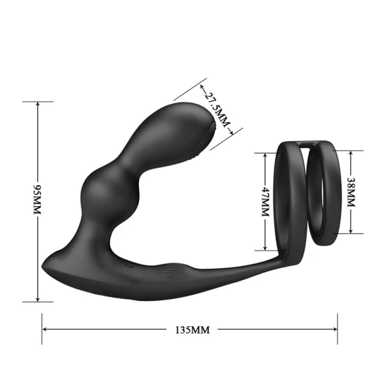 Plug anal vibrator cu inel pentru penis, telecomandă, Negru