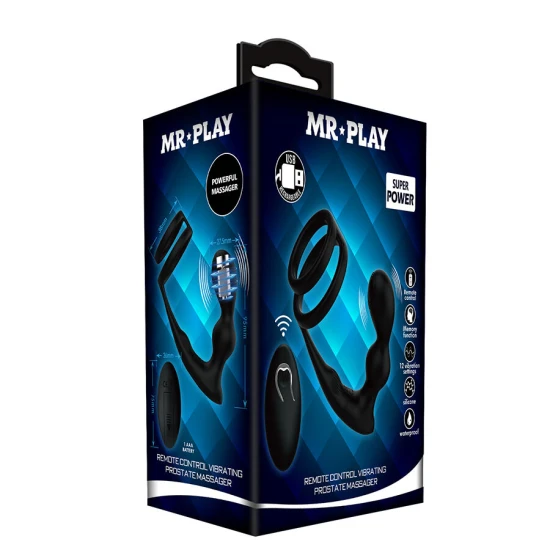 Plug anal vibrator cu inel pentru penis, telecomandă, Negru