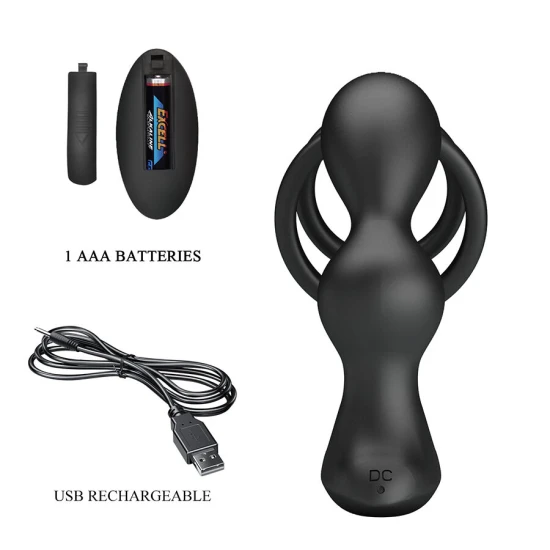 Plug anal vibrator cu inel pentru penis, telecomandă, Negru