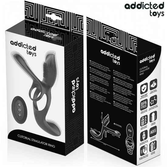 Inel dublu pentru penis și testicule cu stimulator clitoridian din silicon și ABS, negru