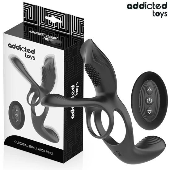 Inel dublu pentru penis și testicule cu stimulator clitoridian din silicon și ABS, negru