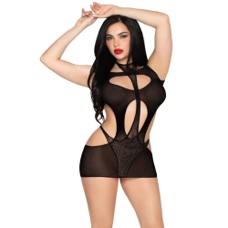 Set Provocator Leg Avenue 81680: Rochie Mini Opacă & Teddy Halter - Negru, Mărime Unică