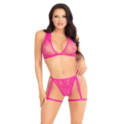 Set Sutien și Chilot cu Jartiere Leg Avenue 86148 - Dantelă Roz, Seducție Fără Limite