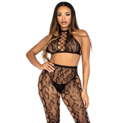 Set Leg Avenue: Crop Top & Colanți Decupați Negri, Efect Leopard