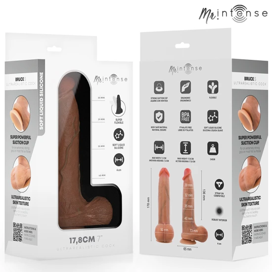 Dildo cu ventuză din silicon lichid, culoare - (Bruce S), cu testicule, 17,8 cm Ø 4 cm
