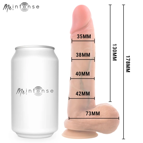 Jucărie sexuală din silicon lichid ultra-moale, negru/gri, S (17,8 cm) cu ventuză și testicule integrate