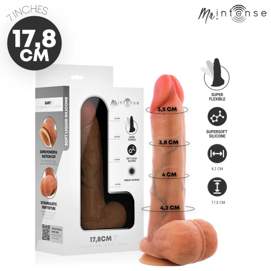 Jucărie sexuală din silicon lichid ultra-moale, negru/gri, S (17,8 cm) cu ventuză și testicule integrate