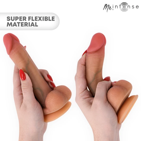 Jucărie sexuală din silicon lichid ultra-moale, negru/gri, S (17,8 cm) cu ventuză și testicule integrate