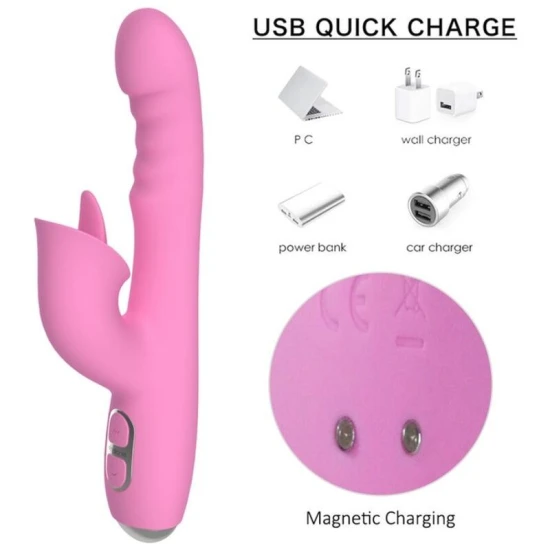 Vibrator Rabbit cu vibrații, împingeri și mișcare oscilantă, roz