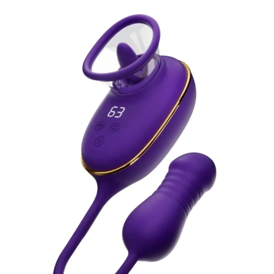 Aparat de sucțiune clitoridiană cu efect de lins și stimulator anal mov din silicon, mov