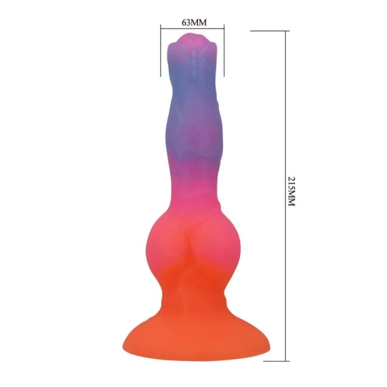 Dildo fantezie din silicon, gradient portocaliu-roz-albastru, 21.5 cm