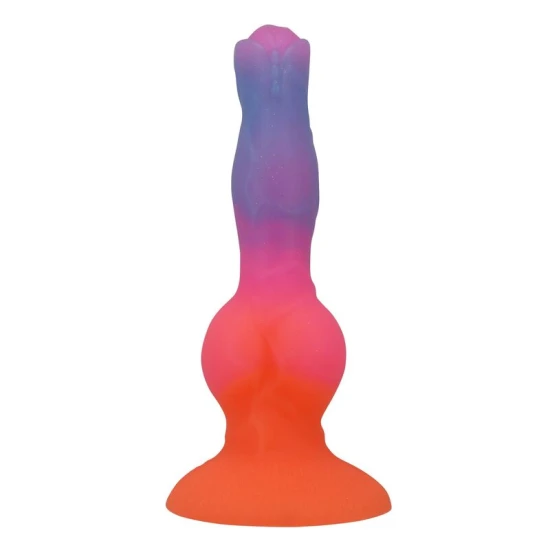 Dildo fantezie din silicon, gradient portocaliu-roz-albastru, 21.5 cm