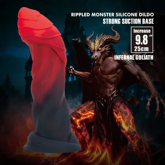 Dildo fantezie Infernal Goliath din silicon, roșu-negru, 25 cm