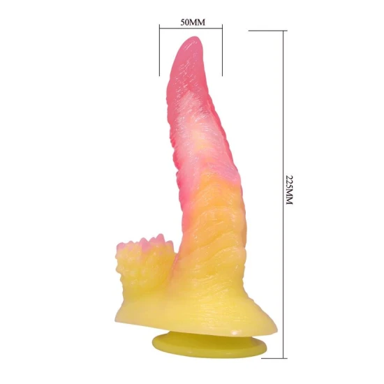 Dildo fantezie cu ventuză din silicon, roz și galben, 22.5 cm