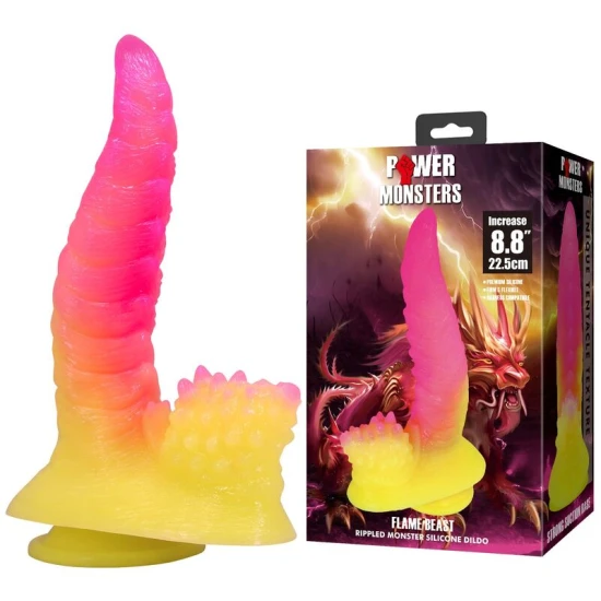 Dildo fantezie cu ventuză din silicon, roz și galben, 22.5 cm