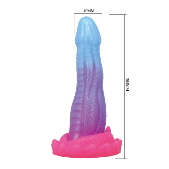 Dildo fantasy cu ventuză din silicon, albastru-liliachiu-roz, 20.5 cm