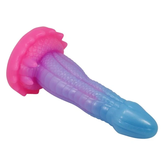 Dildo fantasy cu ventuză din silicon, albastru-liliachiu-roz, 20.5 cm