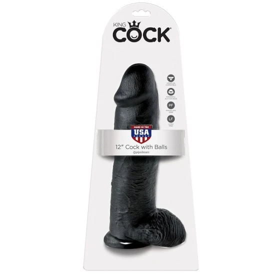 Dildo realist negru cu ventuză și bile, 30,48 cm