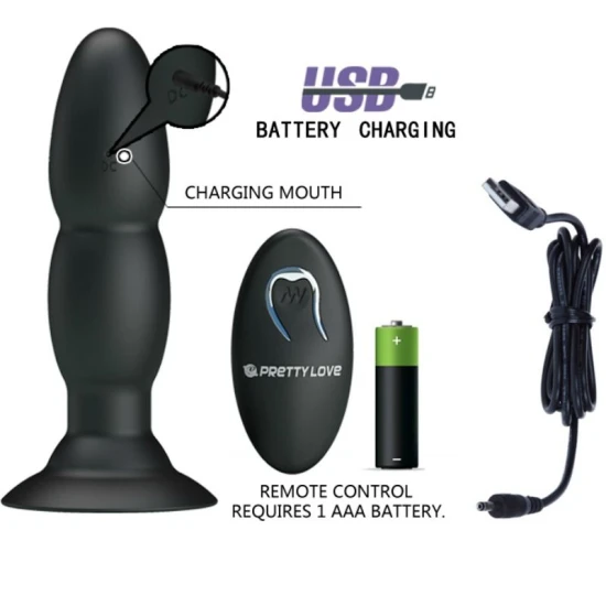 Plug vibrator cu rotație și telecomandă, silicon, negru