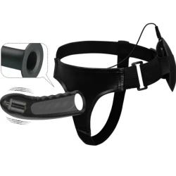 Strap-on cu vibrații și dildo gol din silicon, negru