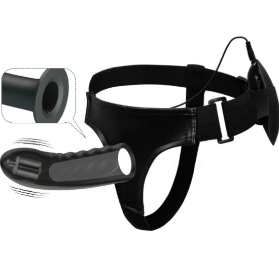 Strap-on cu vibrații și dildo gol din silicon, negru