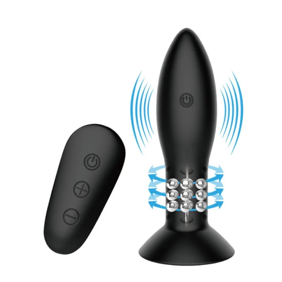 Plug anal din silicon negru cu bile rotative și telecomandă